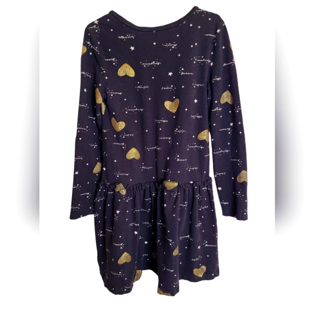 BCBG‎ Dress Dropped Waist French Phrases Shiny Gold Hearts Tee sz M